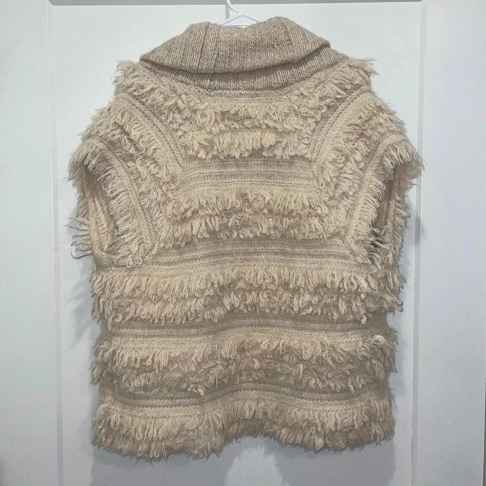 Anthropologie Shaggy Knit Cardigan Vest Shawl Collar Wool Blend Beige‎ XS/S